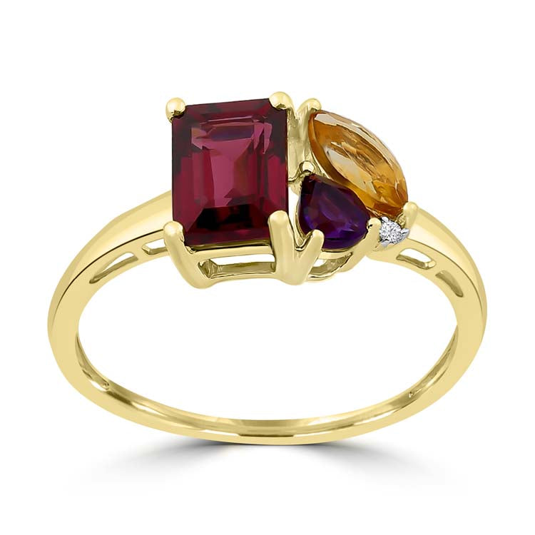 Diamond, Rhodolite, Amethyst, Citrine Ring with 0.007ct Diamonds in 9K Yellow Gold