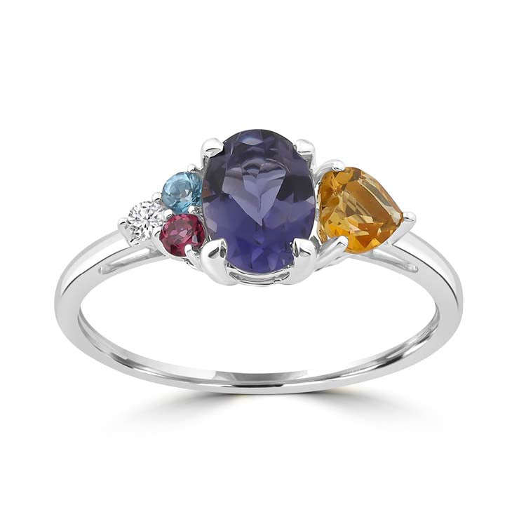 Diamond, Iolite, Citrine, Blue Topaz, Rhodolite Ring with 0.03ct Diamonds in 9K White Gold