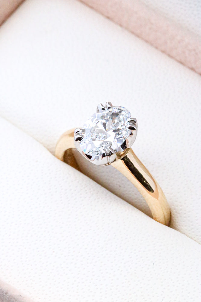 Solitaire Oval Diamond Set in yellow gold thick band 8 double claws 