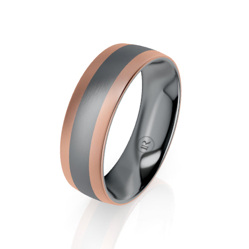 Tantalum Wedding Ring with rose gold feature on white background | McLean & Co Jewellers Sunshine Coast