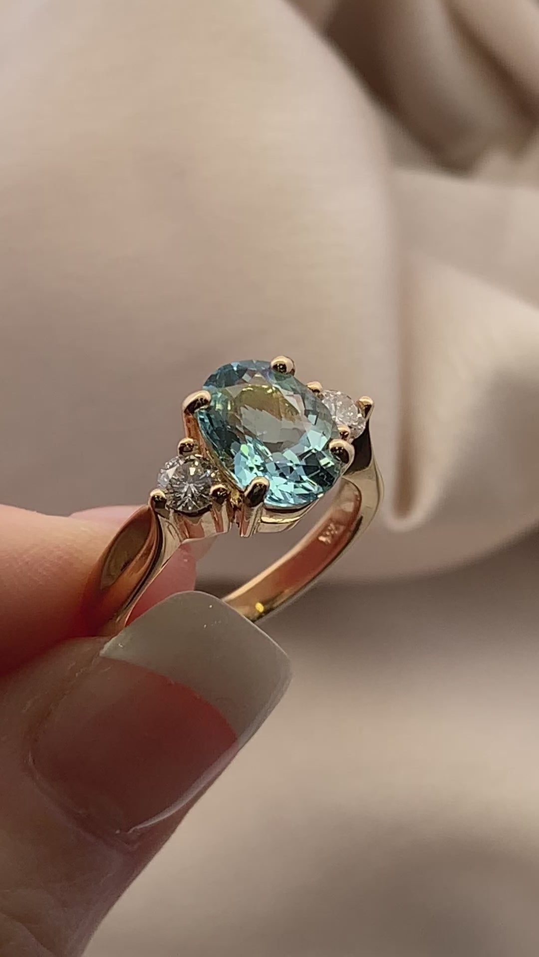 Aquamarine & Diamond 3 Stone Ring yellow gold setting 