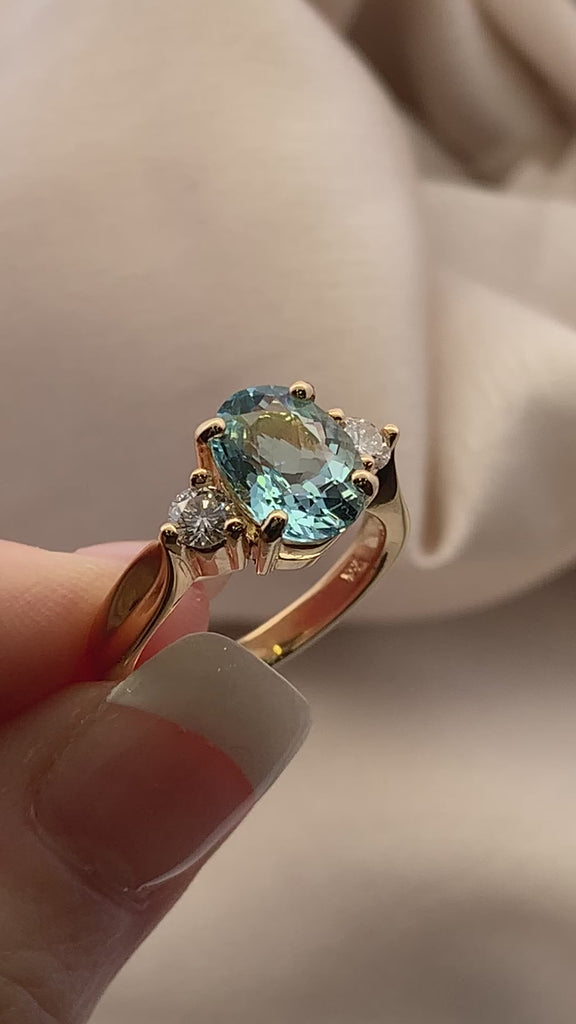Aquamarine & Diamond 3 Stone Ring yellow gold setting 