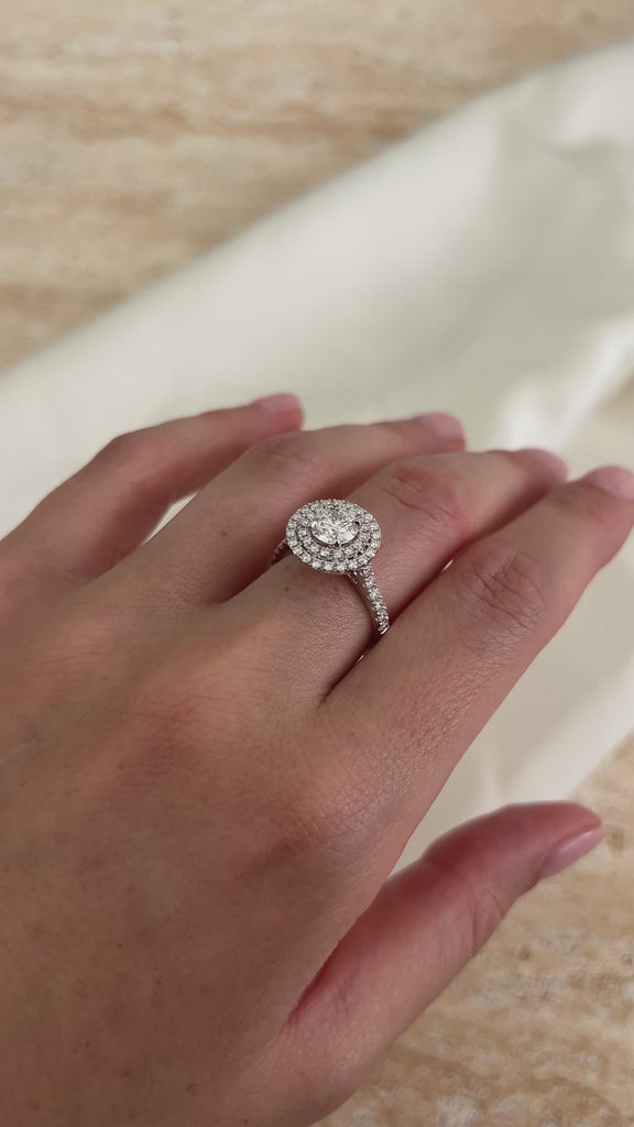 Double Halo Diamond Engagement Ring on hand 