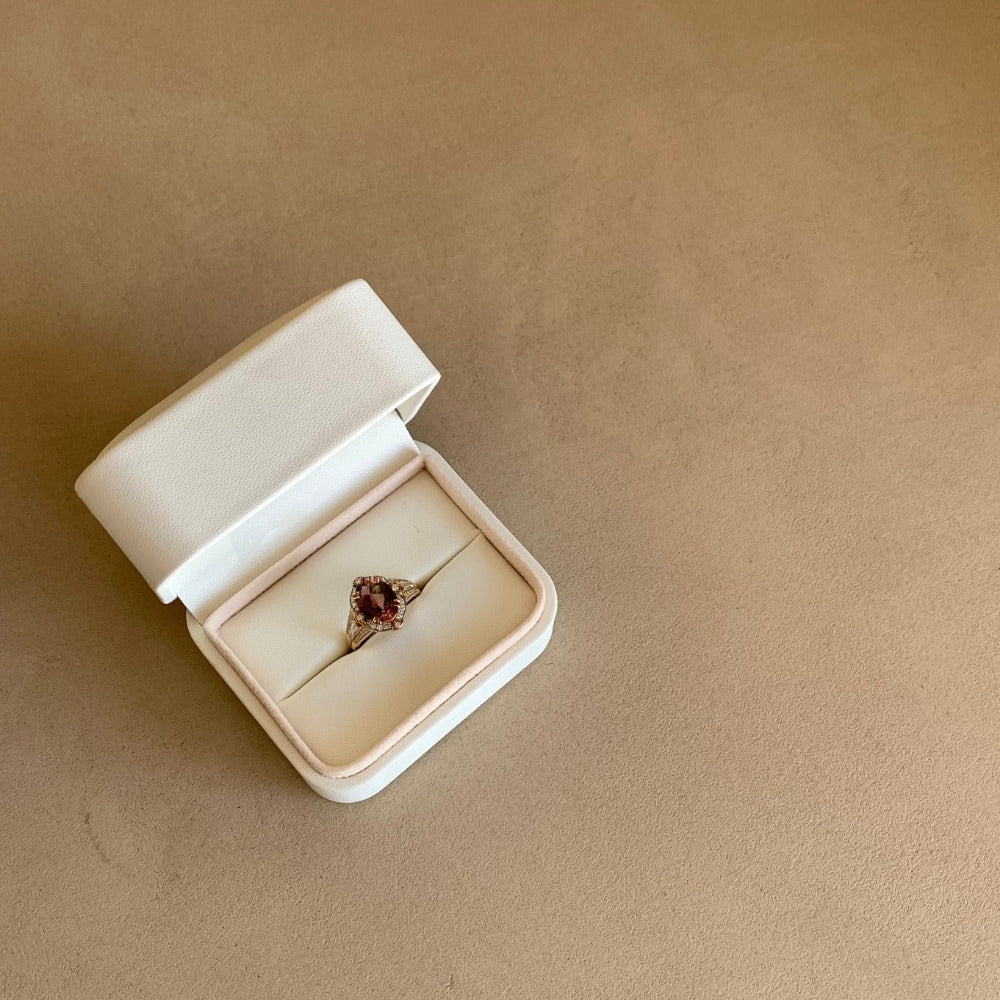 red rhodolite garnet dress ring in white box mclean & co Australia