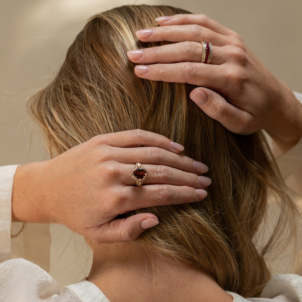 red rhodolite garnet dress ring photoshoot 