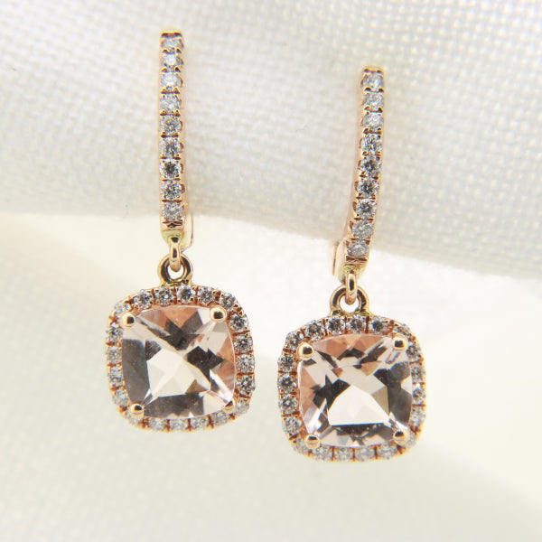 18ct Rose Gold Morganite Diamond Earrings Dia = .30ct Morg 1.57 ct