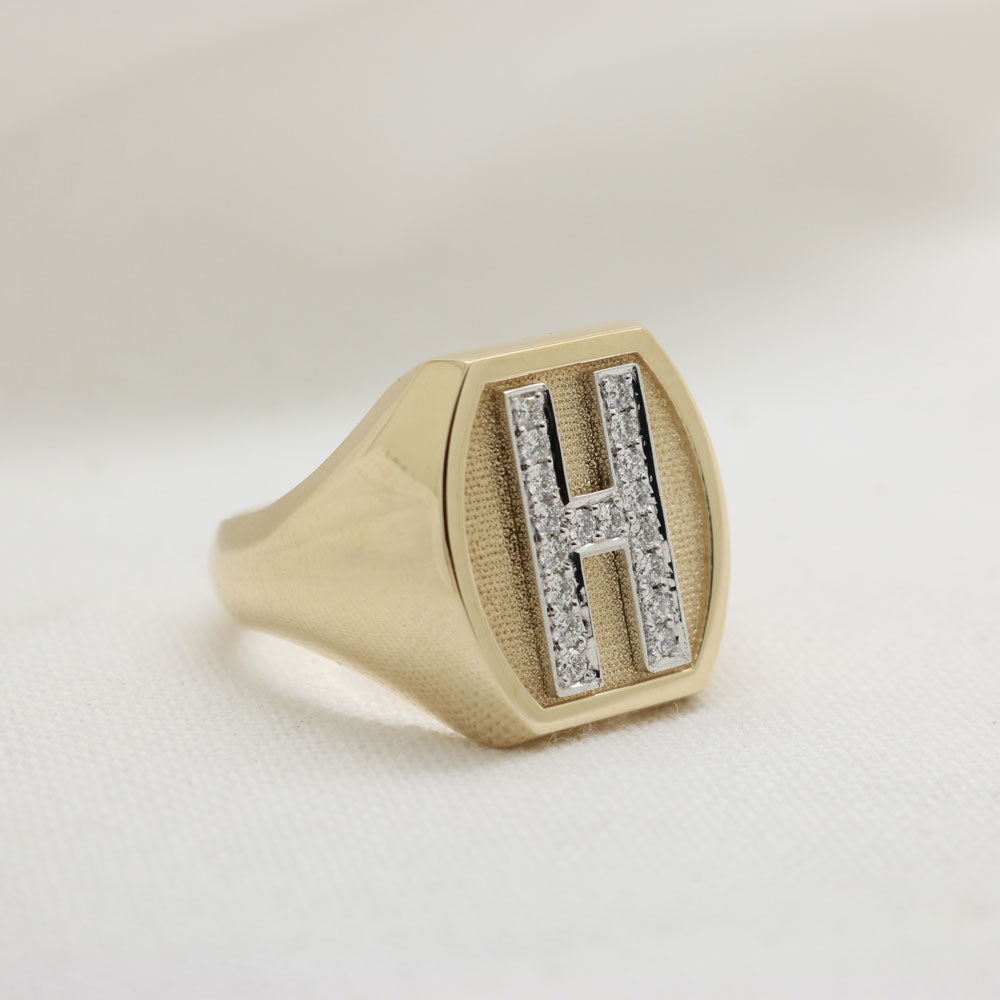H Diamond Set Signet Ring