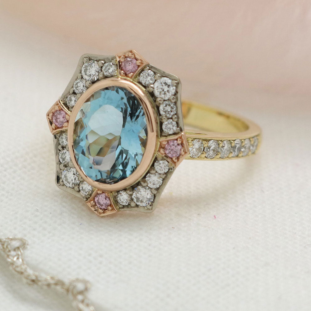 Aquamarine and Pink Diamond Ring